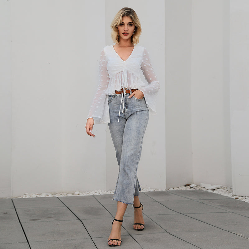 A & S V Neck Ruched Detail Ruffle Hem Long Sleeve Dot Crop Top