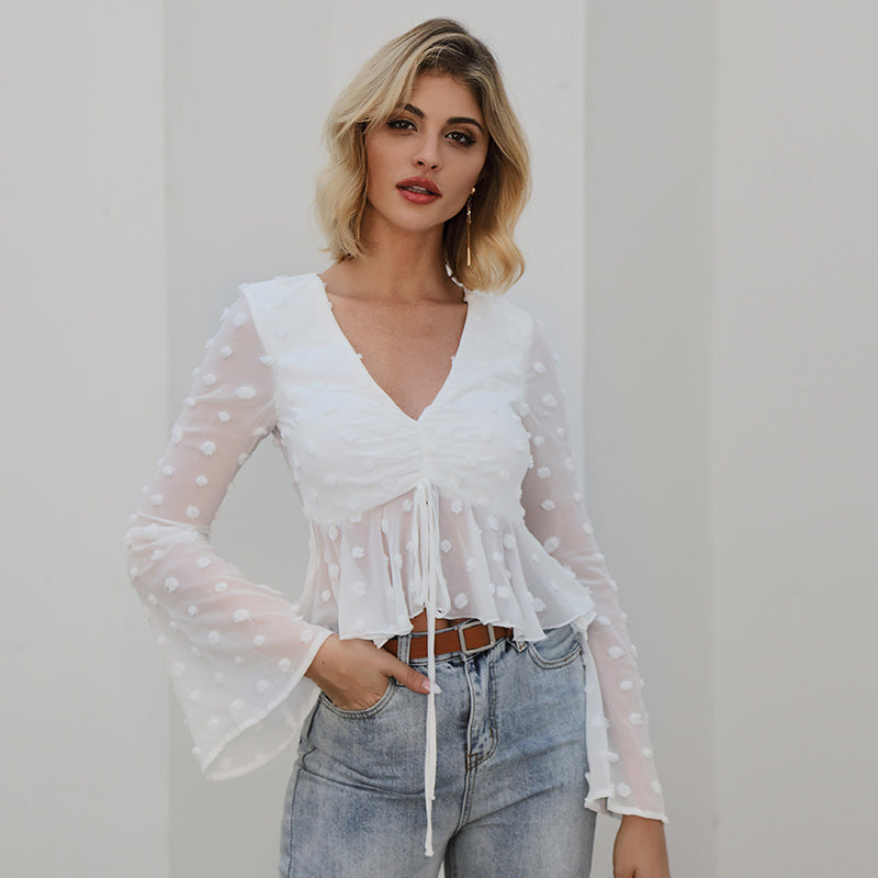 V Neck Ruched Detail Ruffle Hem Long Sleeve Dot Crop Top