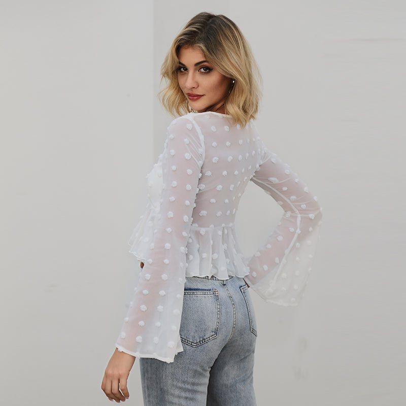 V Neck Ruched Detail Ruffle Hem Long Sleeve Dot Crop Top