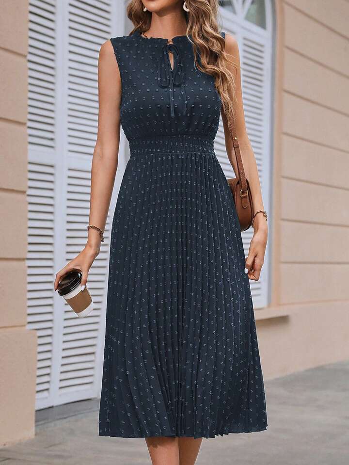 A & S Swiss Dot Tie Neck Pleated Hem Dress