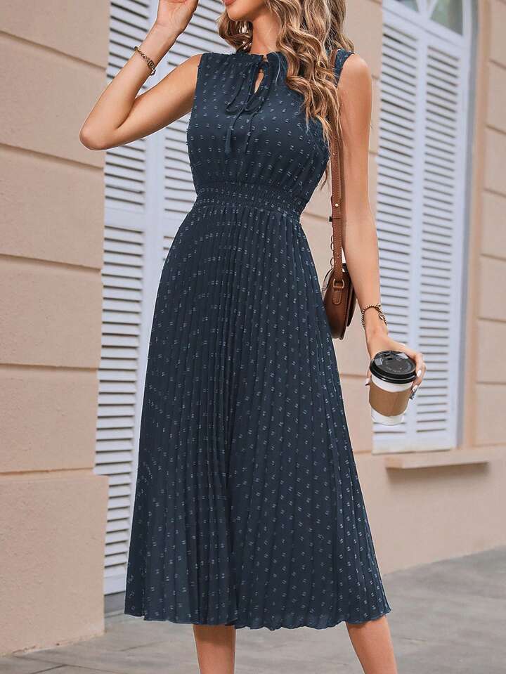 Swiss Dot Tie Neck Pleated Hem Dress