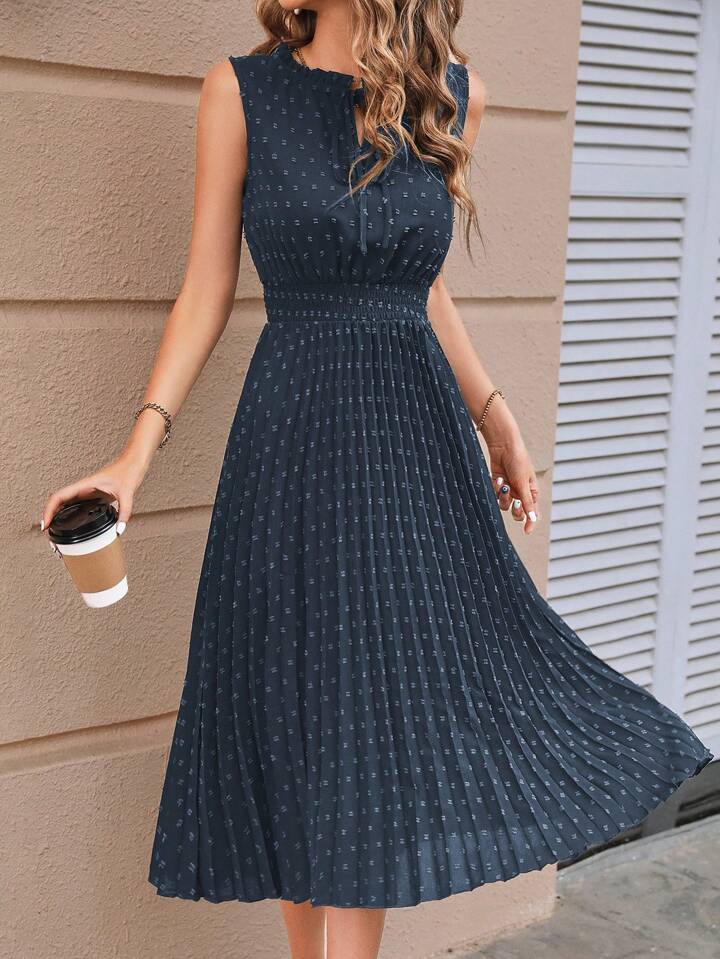 A & S Swiss Dot Tie Neck Pleated Hem Dress