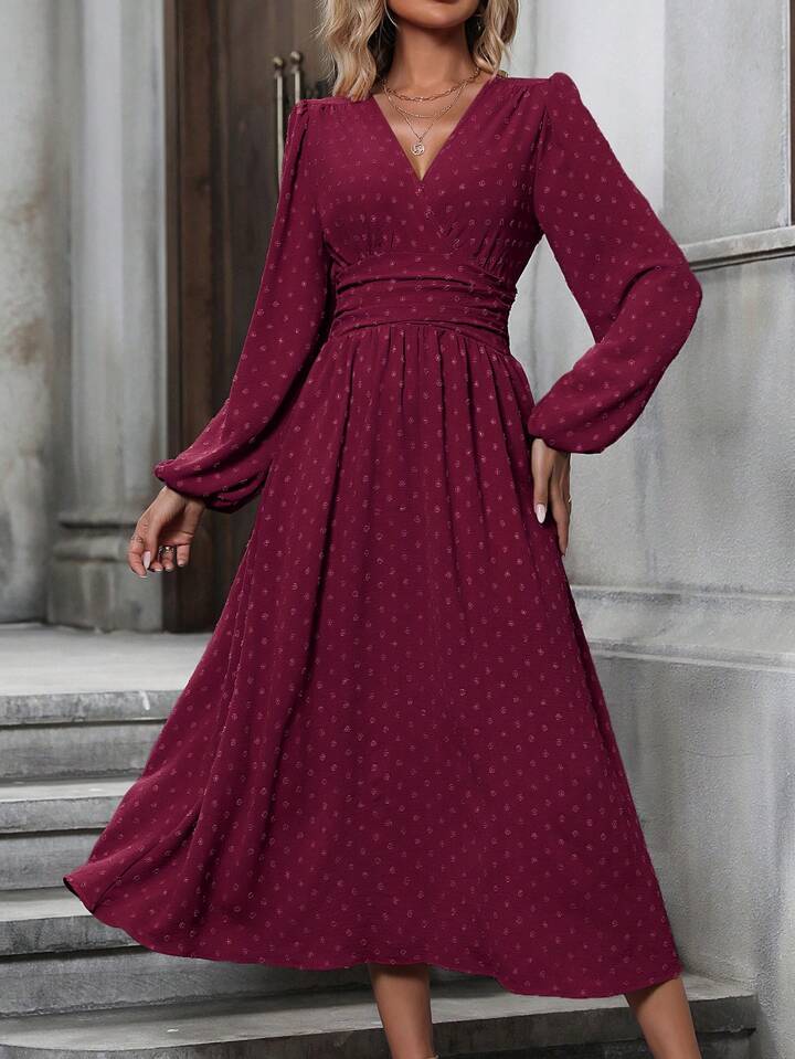 Swiss Dot Surplice Neck Lantern Sleeve Ruched Waist Dress