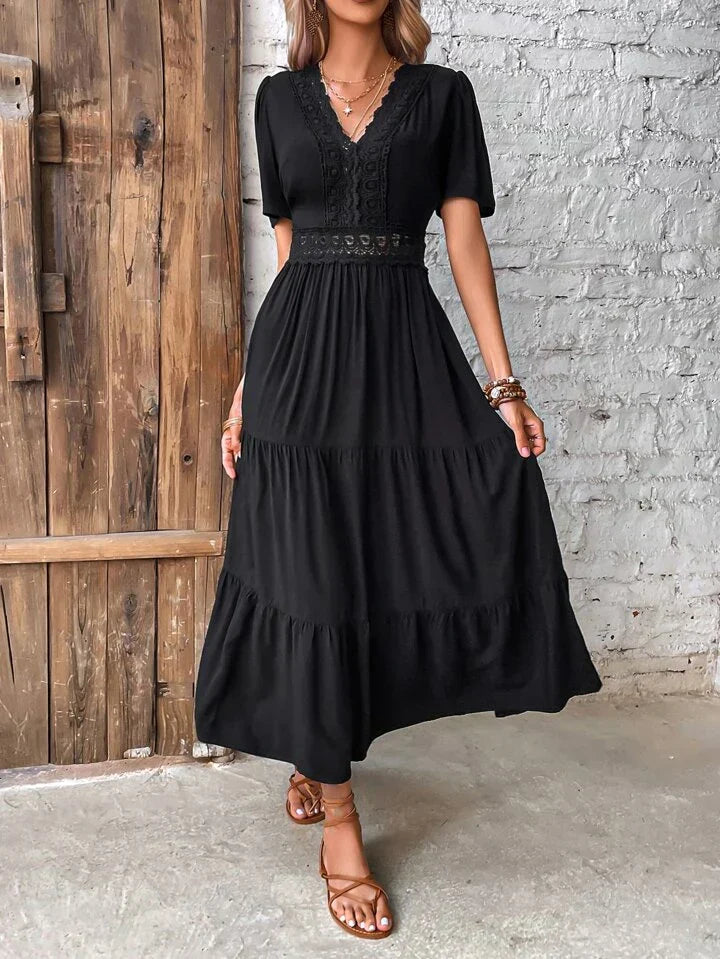 Frenchy Guipure Lace Insert V Neck Layered Hem Dress