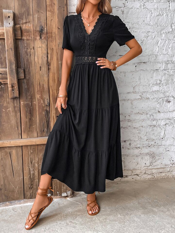 Frenchy Guipure Lace Insert V Neck Layered Hem Dress