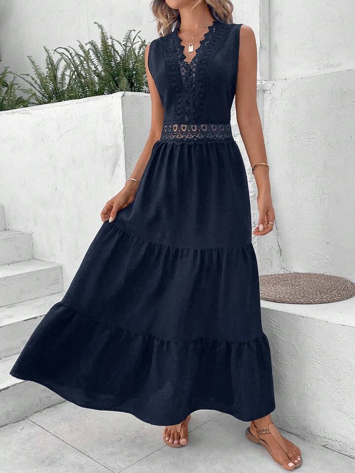 Vacation Guipure Lace Insert Ruffle Hem Dress