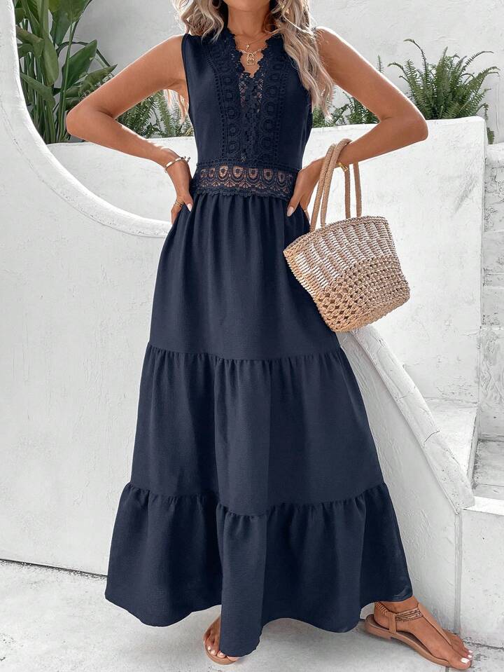 Vacation Guipure Lace Insert Ruffle Hem Dress