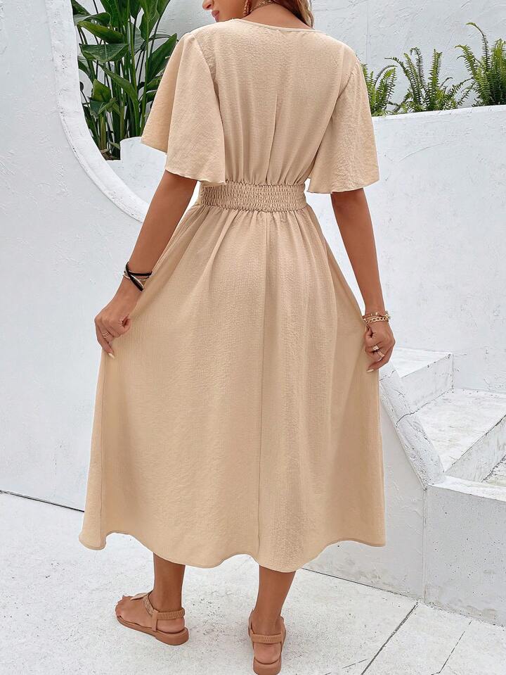 Vacation Guipure Lace Insert Flounce Sleeve Dress