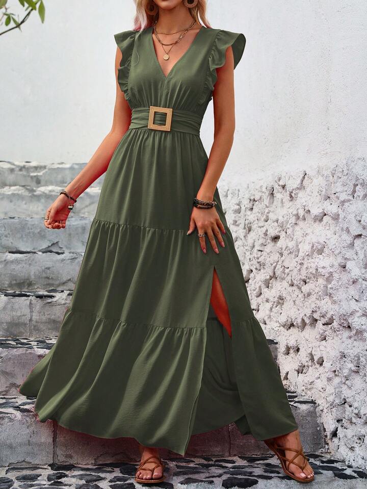 Ladies’ Solid Color V-Neck Ruffle Sleeve Side Split Summer Dress