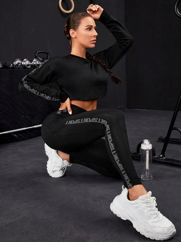 Running Letter Graphic Crop Sports Sweatshirt & Leggings