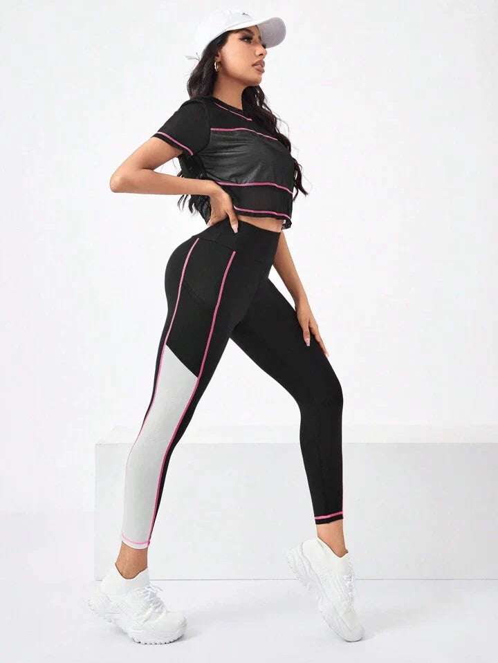 A & S Running Colorblock Sports Tee & Phone Pocket Side Leggings