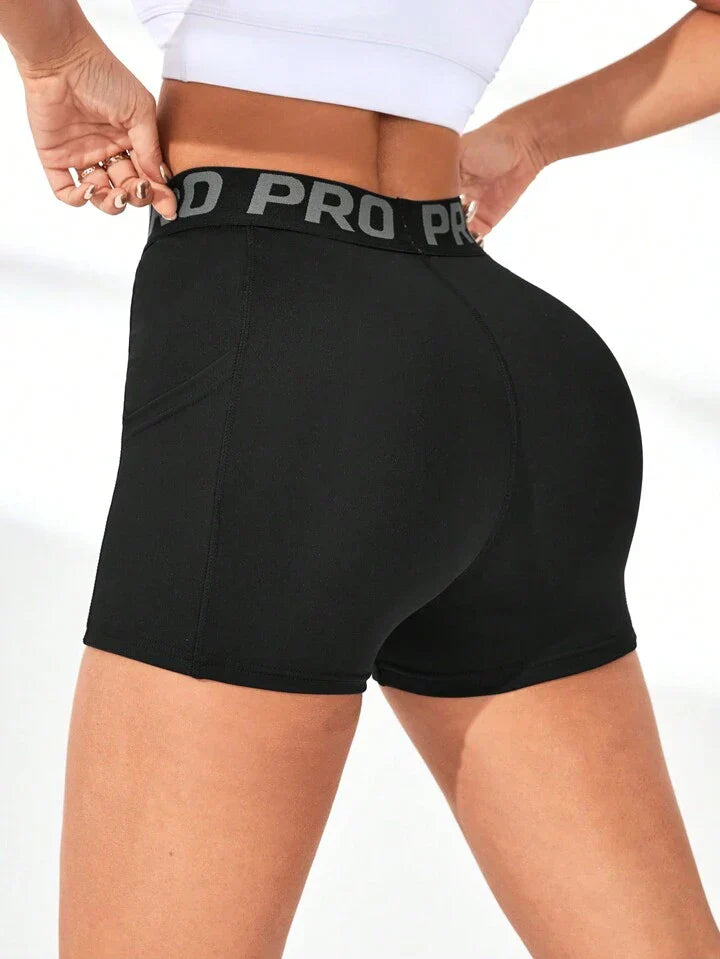 Women's Letter Printed Drawstring Sports Shorts With Phone Pocket