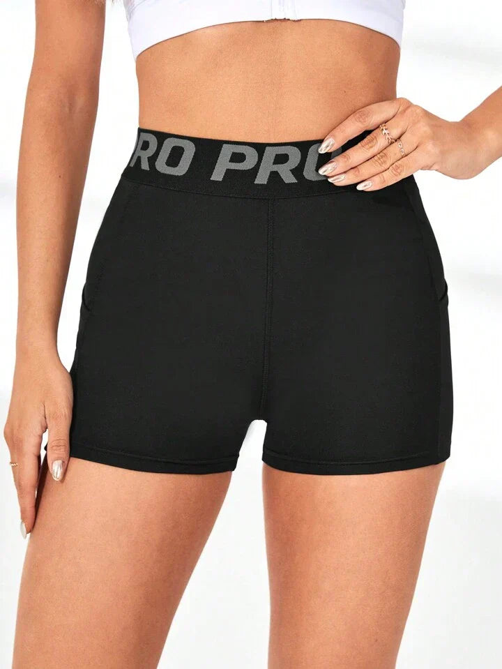 Women's Letter Printed Drawstring Sports Shorts With Phone Pocket