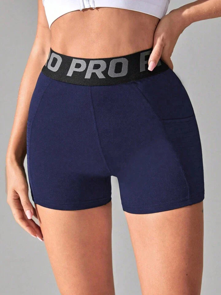Letter Print With Tummy Control And Side Pockets Blue Shorts