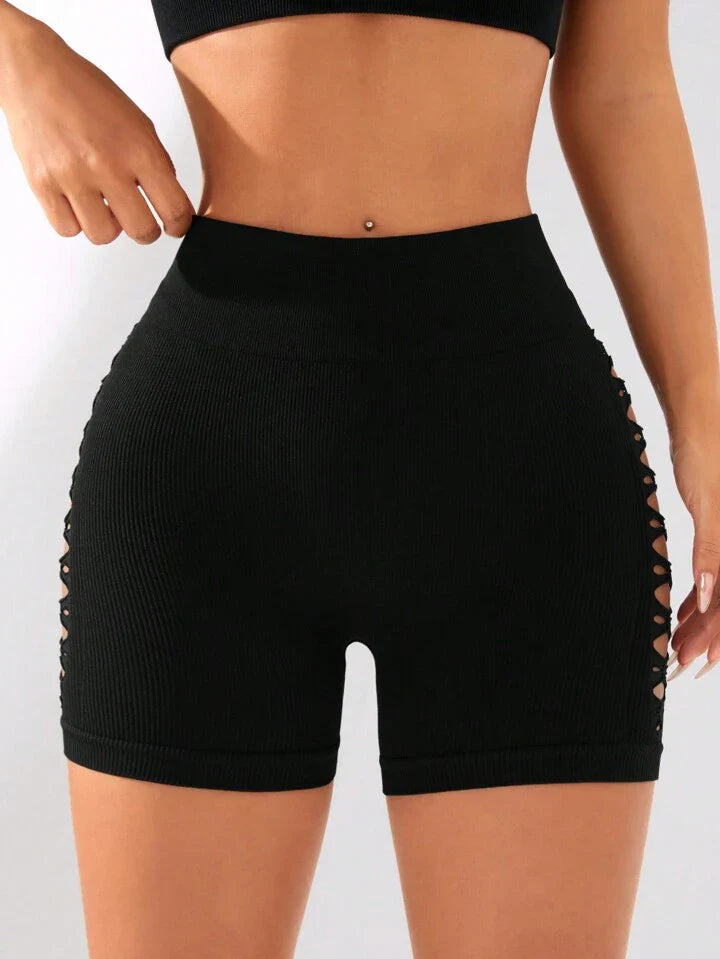 A & S Seamless Simple Solid Color Hollow Out Sports Shorts Boot Shorts