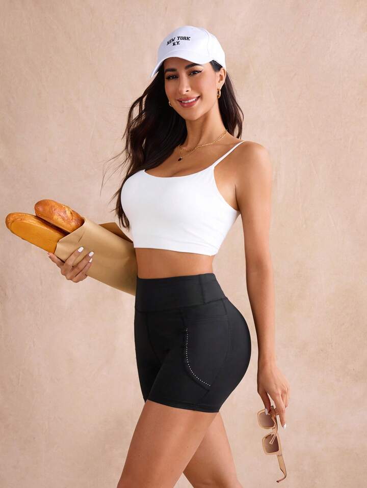 Polka Dot Printed Sports Shorts With Side Pockets, High Waist And Slim Fit