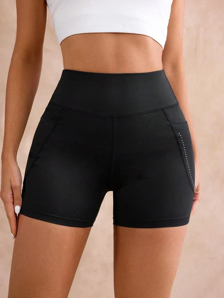 Polka Dot Printed Sports Shorts With Side Pockets, High Waist And Slim Fit