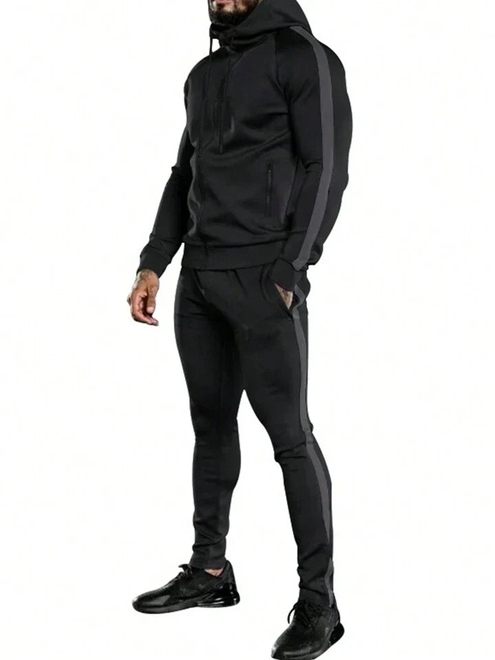 Streetwear Men's Side Stripe Hooded Sportswear Set, Athletic Suit