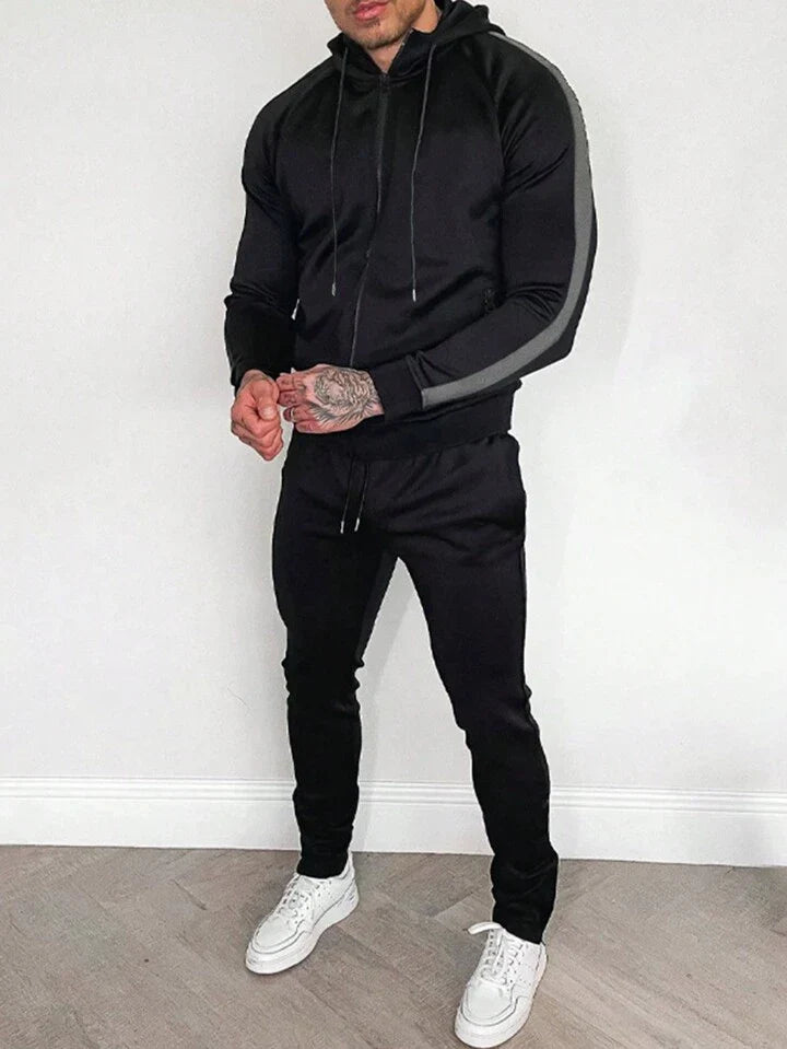 Streetwear Men's Side Stripe Hooded Sportswear Set, Athletic Suit