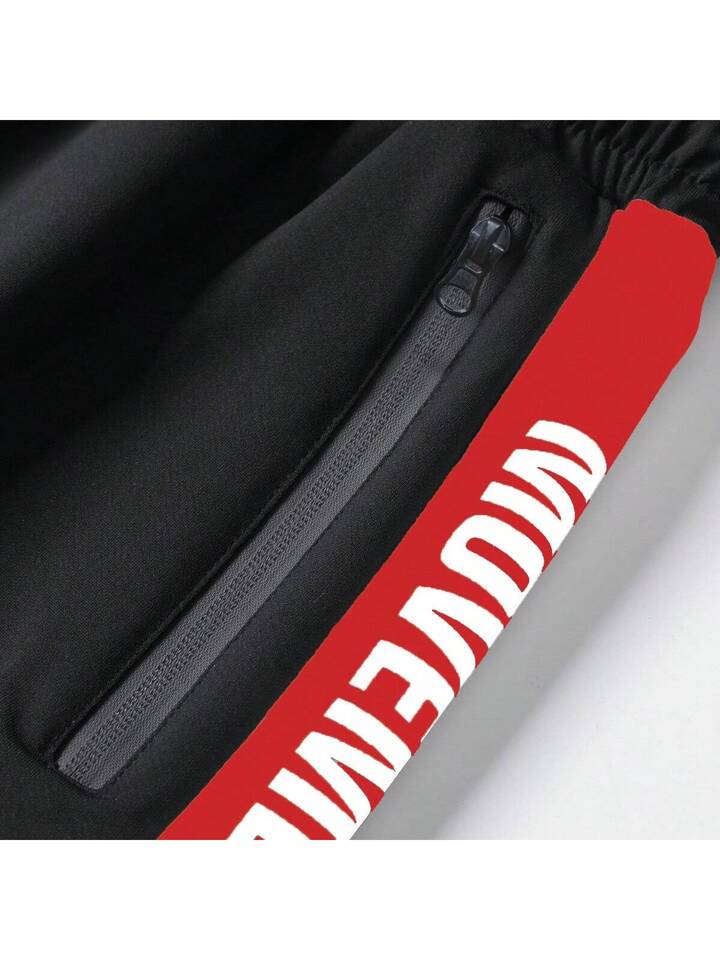 Spring And Autumn Color-Block Hoodie And Pants Sports Suit With Letter Printed