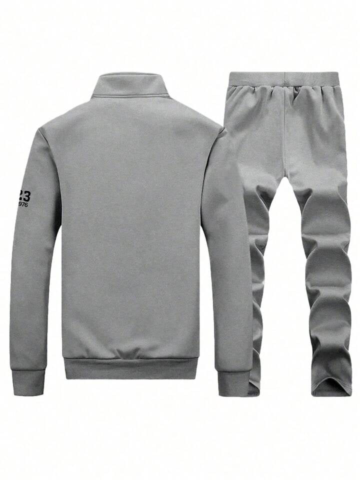 Men Autumn/Winter Stand Collar Letter Print Jacket And Long Pants Sportswear Set