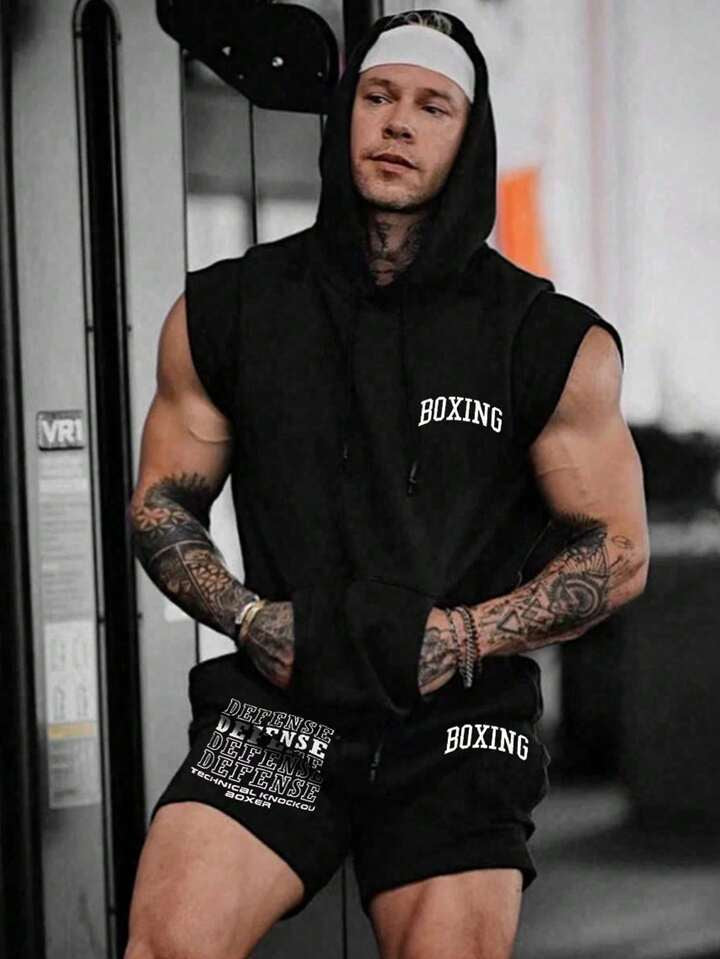 A & S Men Shorts Set Men's Sleeveless Hooded Boxing Sportswear Set