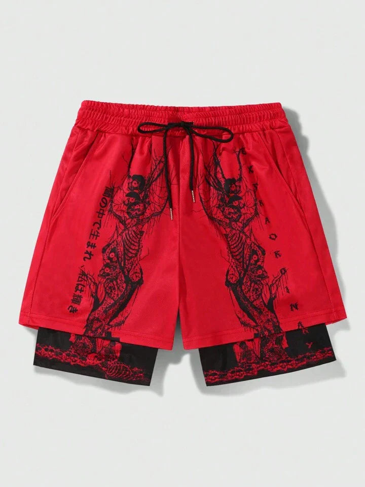 Goth Men Striped & Letter Graphic Drawstring Waist Mesh Shorts