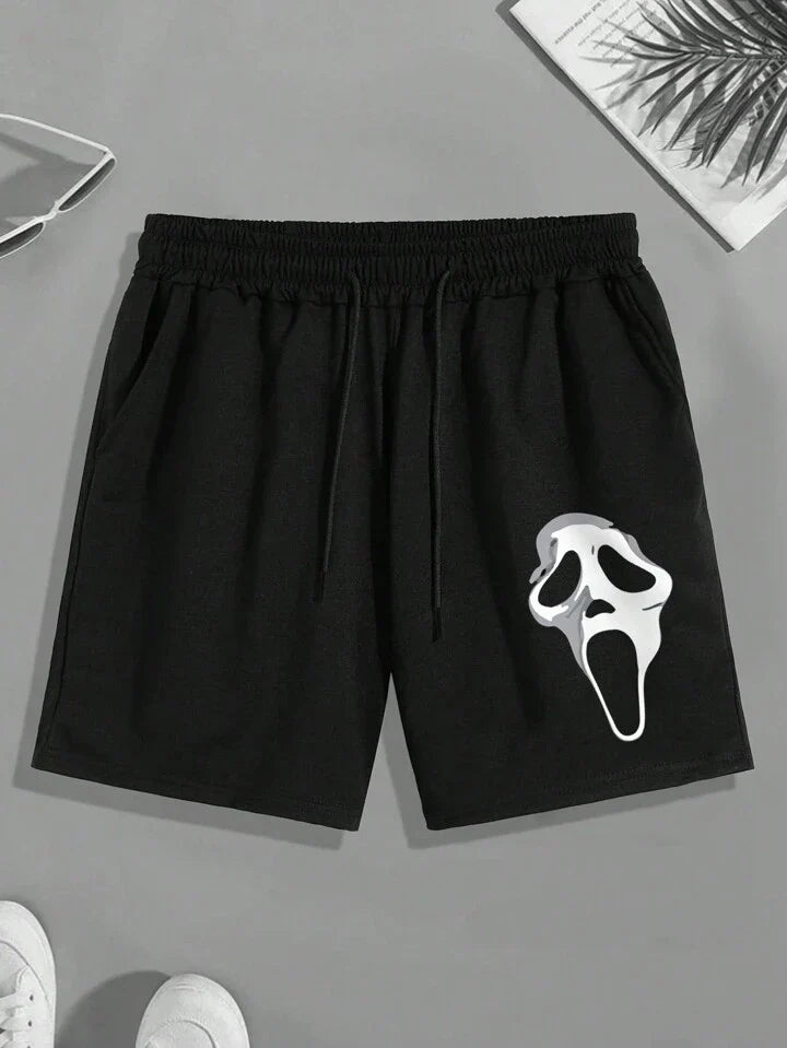 Homme Men Skull Print Drawstring Waist Shorts
