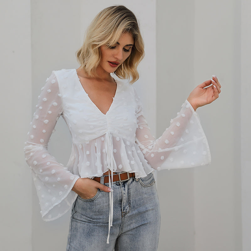 A & S V Neck Ruched Detail Ruffle Hem Long Sleeve Dot Crop Top