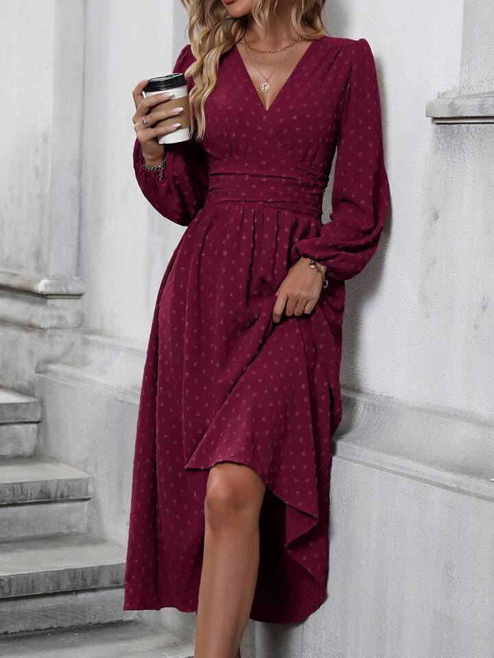 A & S Swiss Dot Surplice Neck Lantern Sleeve Ruched Waist Dress