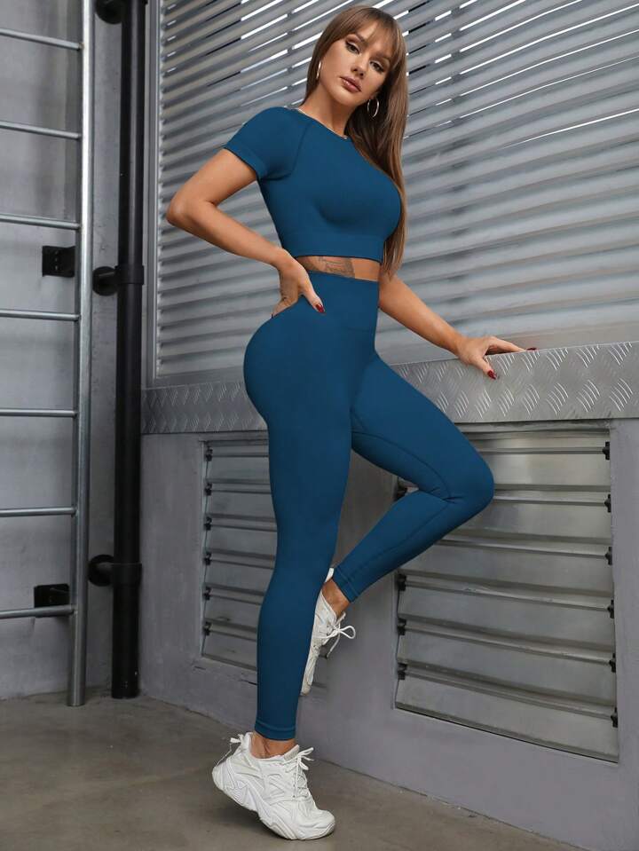 A & S Seamless High Stretch Sports Tee & Leggings Gym Clothes