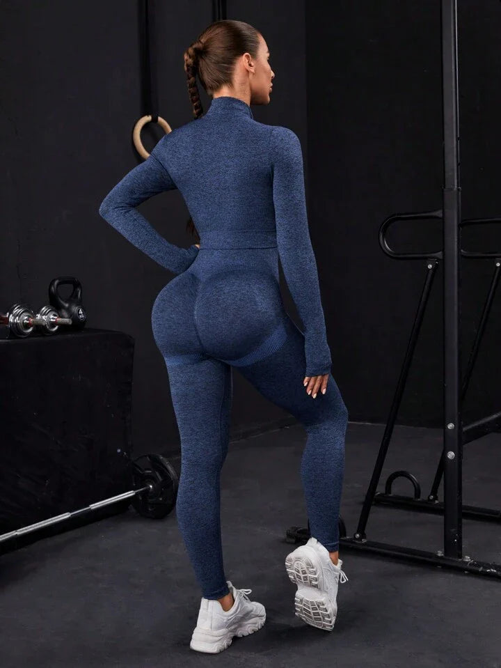 A & S Seamless Thumbholes Top-Stitching Zipper Sports Set