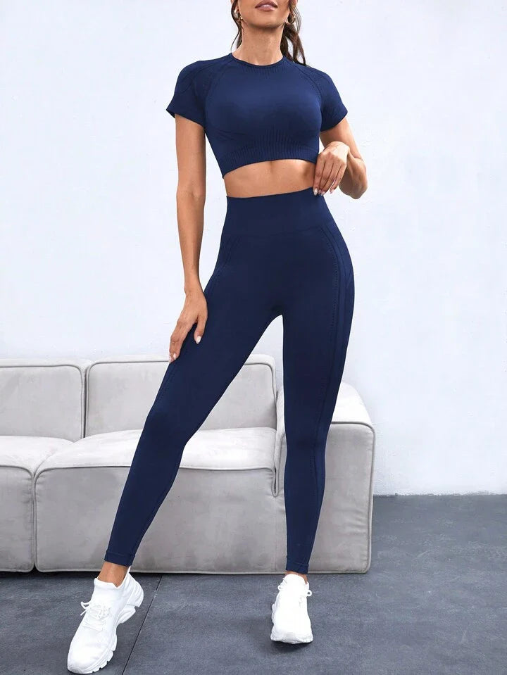 A & S Women's Seamless High Elasticity Sport Short Sleeve Top And Pants Set