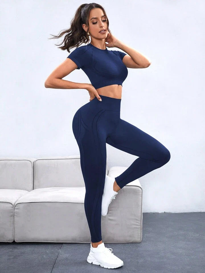 A & S Women's Seamless High Elasticity Sport Short Sleeve Top And Pants Set
