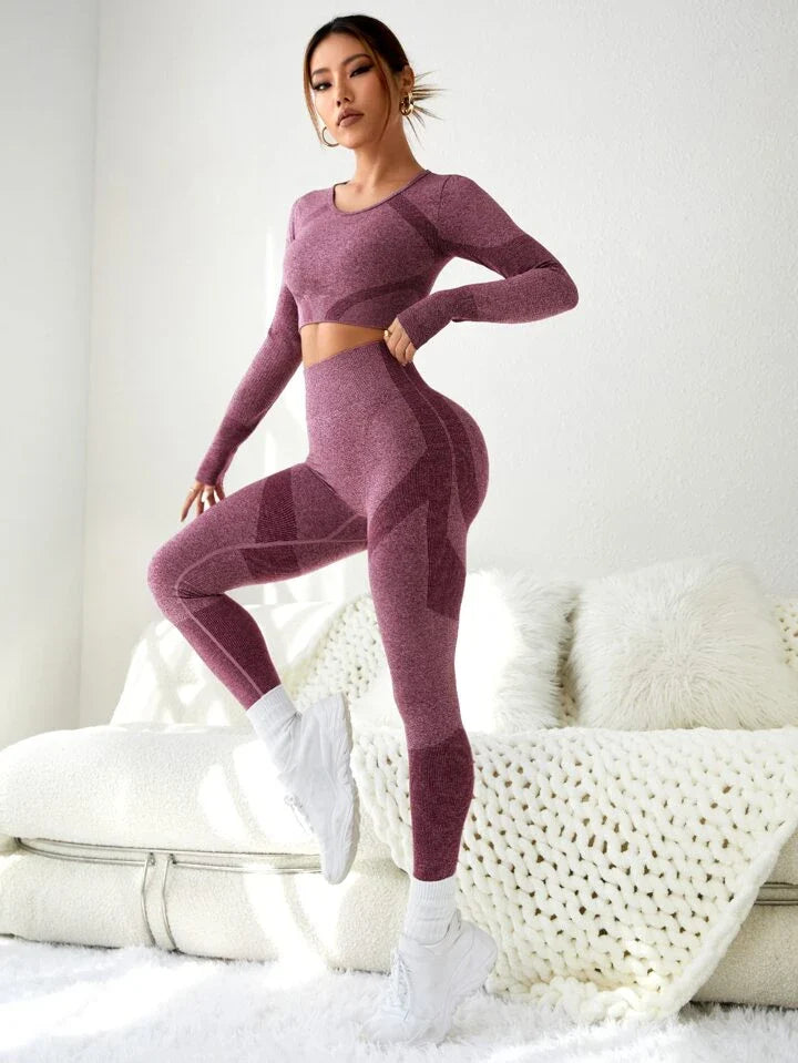A & S 2pcs Seamless Gym Suit Yoga Set Thumbhole Tee & Tummy Control Legging