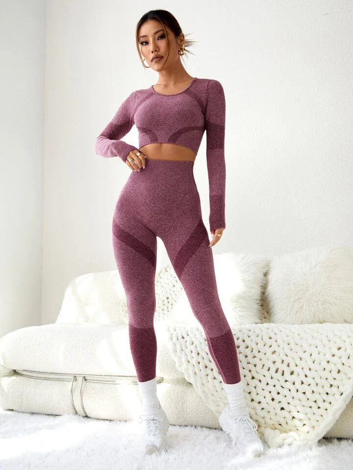 A & S 2pcs Seamless Gym Suit Yoga Set Thumbhole Tee & Tummy Control Legging