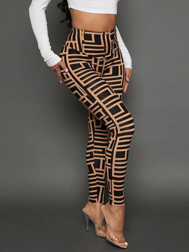 A & S Allover Print High Waist Leggings Irregular Waist Casual Pants