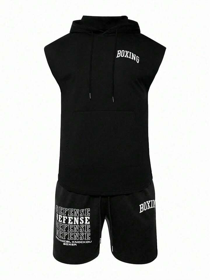 A & S Men Shorts Set Men's Sleeveless Hooded Boxing Sportswear Set